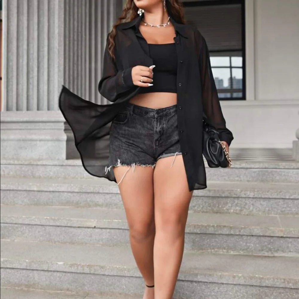 Boho Plus Size Slit Open back Button Shirt Top Blouse Black - Picture 4 of 10